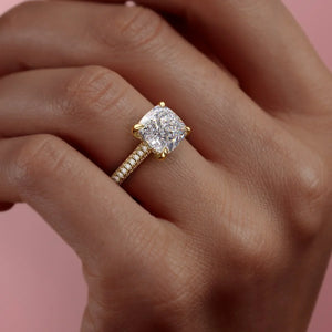 The Rachel Set With A 3 Carat Cushion 14K Yellow Gold Lab Diamond