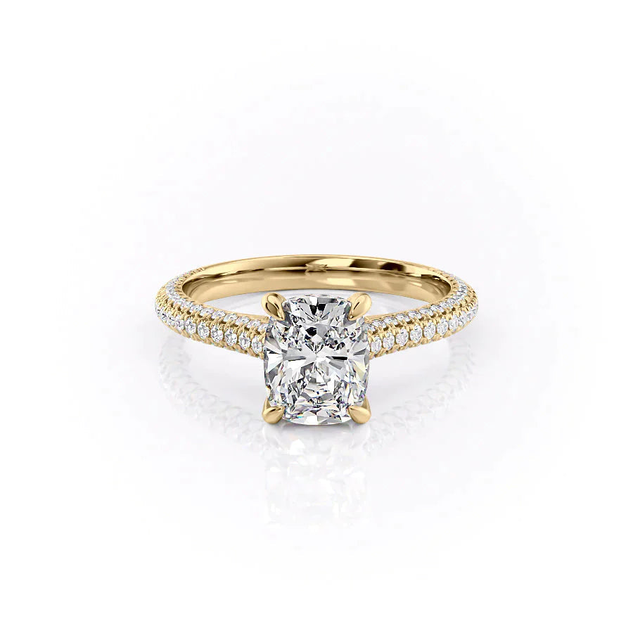 The Rachel Set With A 1.5 Carat E. Cushion 14K Yellow Gold Lab Diamond