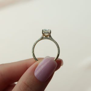 The Rachel Set With A 1.5 Carat E. Cushion 14K Yellow Gold Lab Diamond