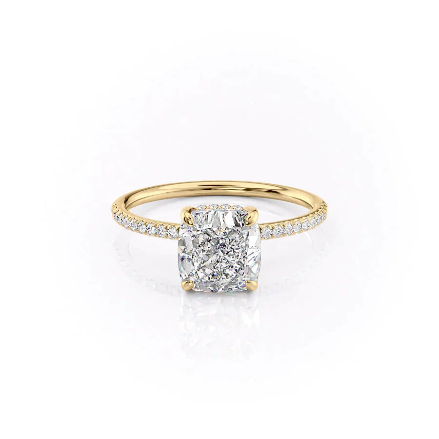 The Pave Kamellie Set  With A 1 Carat Cushion 14K Yellow Gold Moissanite