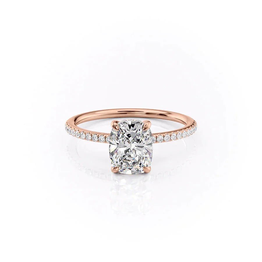The Pave Kamellie Set  With A 5 Carat E. Cushion 14K Rose Gold Moissanite