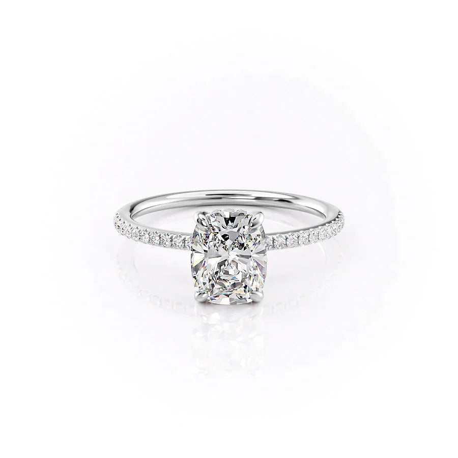 The Pave Kamellie Set  With A 1 Carat E. Cushion 14K White Gold Moissanite