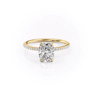 The Pave Kamellie Set  With A 1 Carat E. Cushion 14K Yellow Gold Moissanite