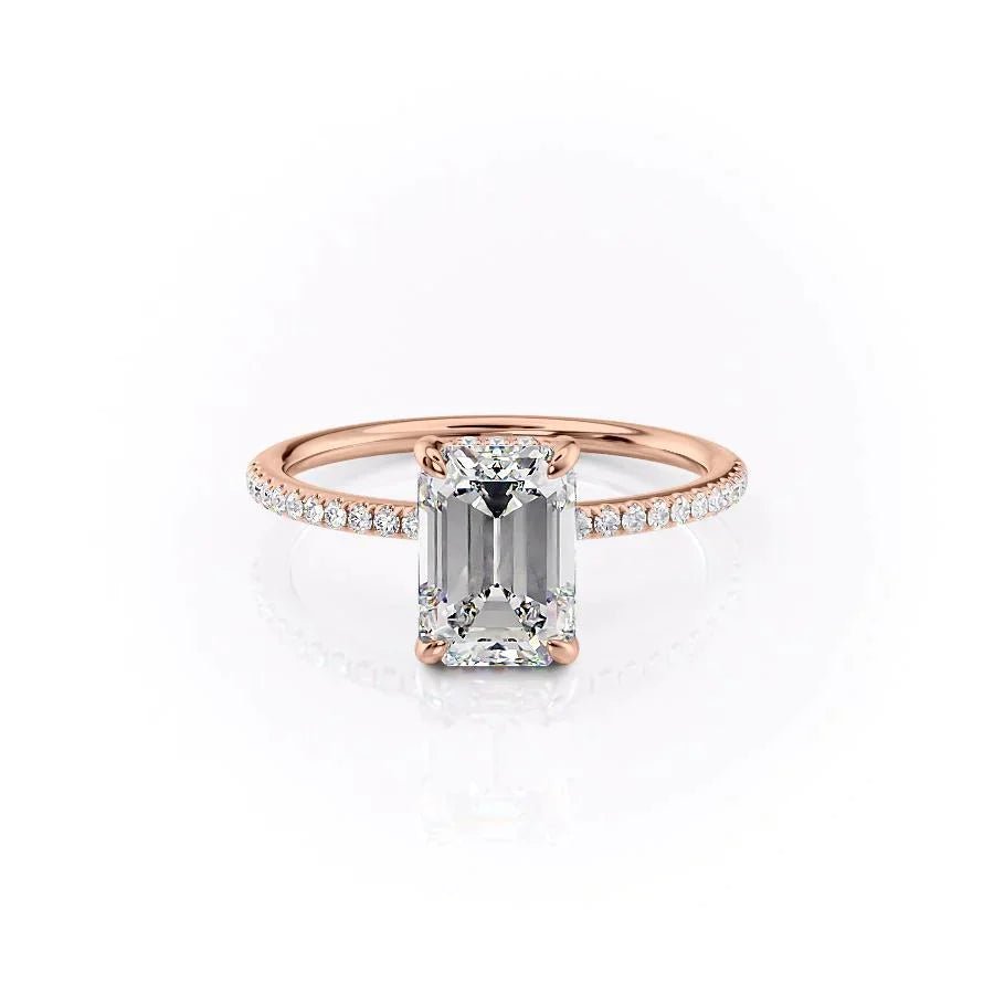 The Pave Kamellie Set  With A 3 Carat Emerald 14K Rose Gold Moissanite