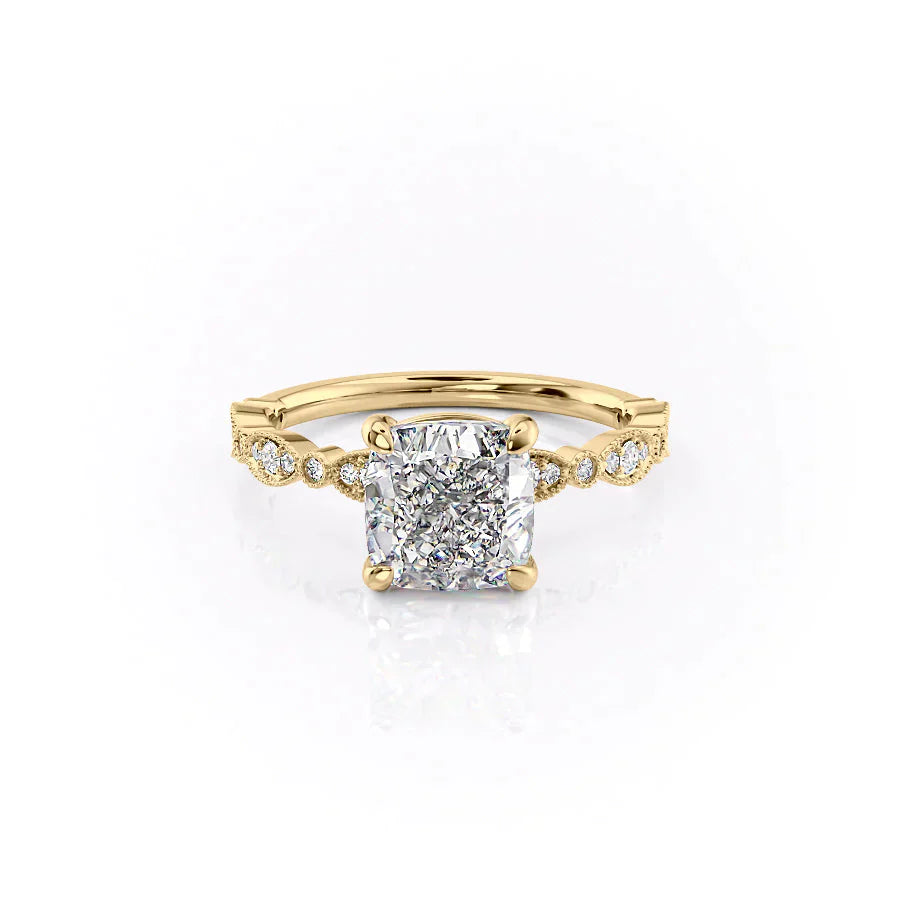 The Jasmine Set With A 3 Carat Cushion 18K Yellow Gold Lab Diamond