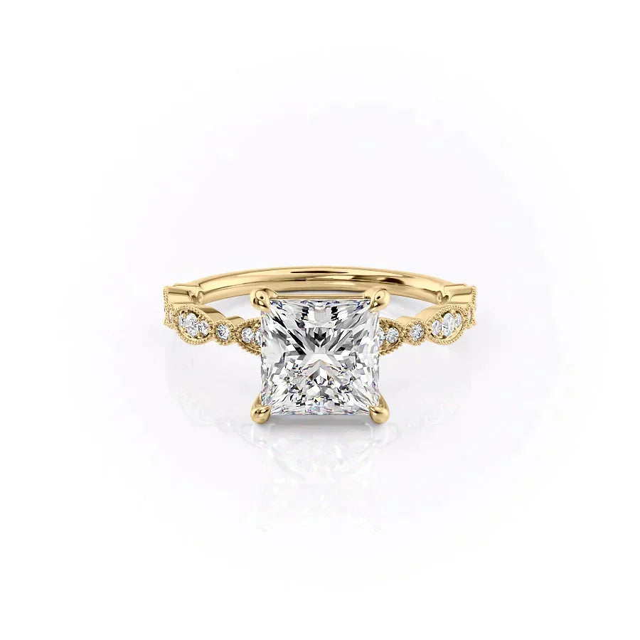 The Jasmine Set  With A 2.5 Carat Princess 18K Yellow Gold Moissanite