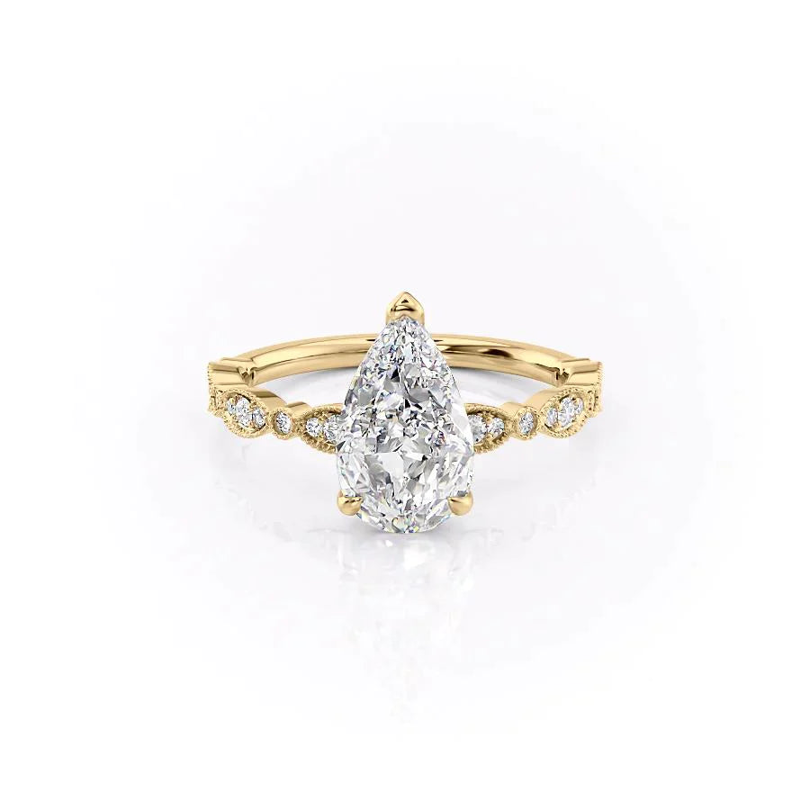 The Jasmine Set  With A 2 Carat Pear 14K Yellow Gold Moissanite