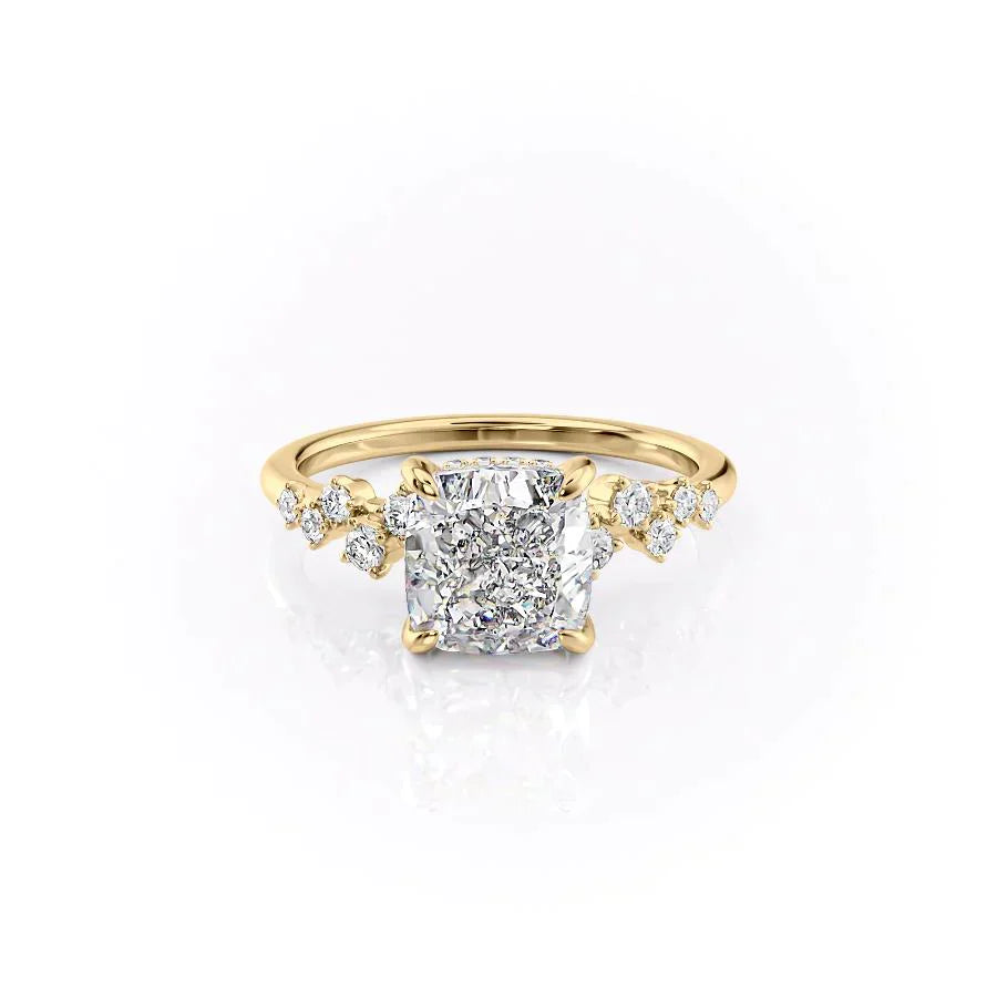 The Mia Set With A 3 Carat Cushion 18K Yellow Gold Lab Diamond