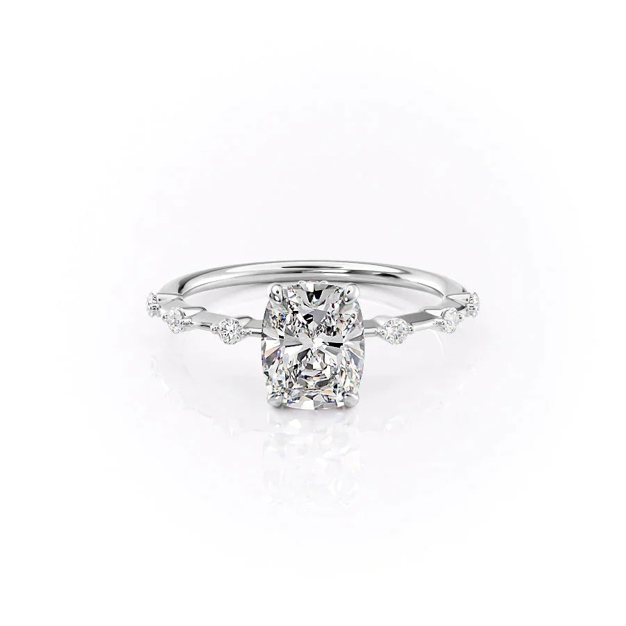 The Penelope Set  With A 1.5 Carat E. Cushion 18K White Gold Moissanite