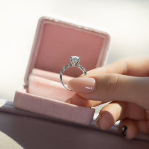 The Penelope Set  With A 1 Carat E. Cushion 18K White Gold Moissanite