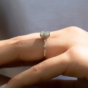 The Penelope Set  With A 1 Carat E. Cushion 18K White Gold Moissanite