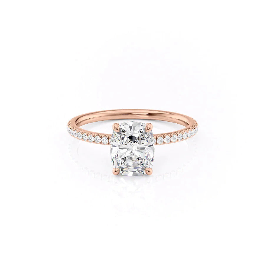 The Pave Nelly Set  With A 4 Carat E. Cushion 14K Rose Gold Moissanite