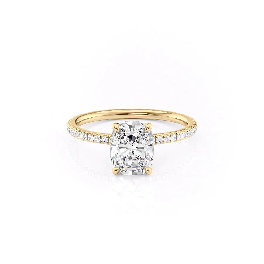 The Pave Nelly Set With A 1 Carat E. Cushion 14K Yellow Gold Lab Diamond