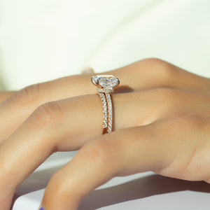 The Pave Nelly Set  With A 1.5 Carat E. Cushion 14K Rose Gold Moissanite