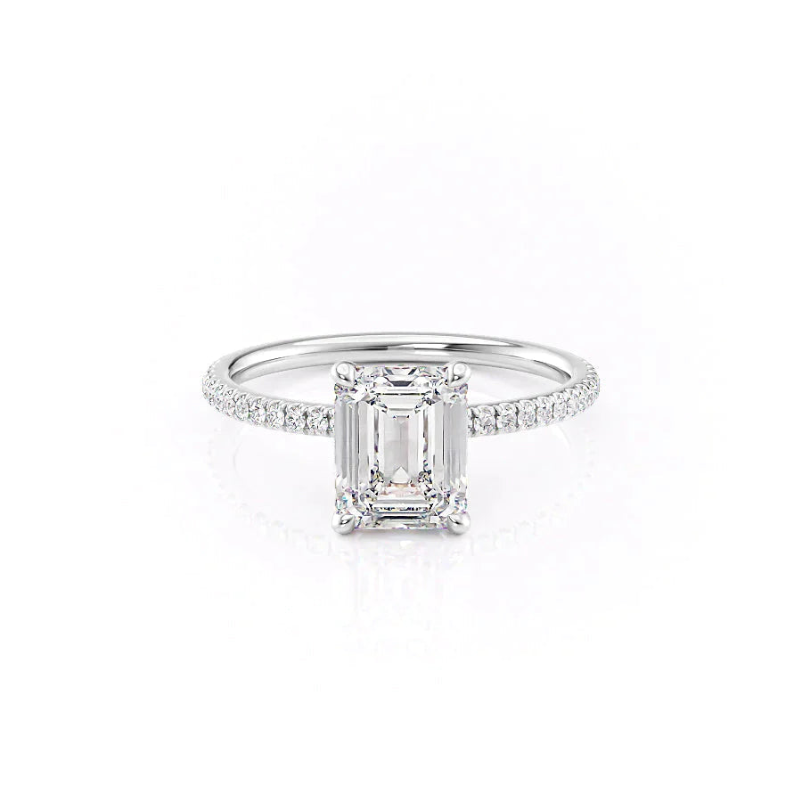 The Pave Nelly Set  With A 3 Carat Emerald 14K White Gold Moissanite