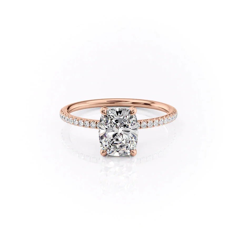 The Pave Crown Kamellie Set With A 3 Carat E. Cushion 14K Rose Gold Lab Diamond