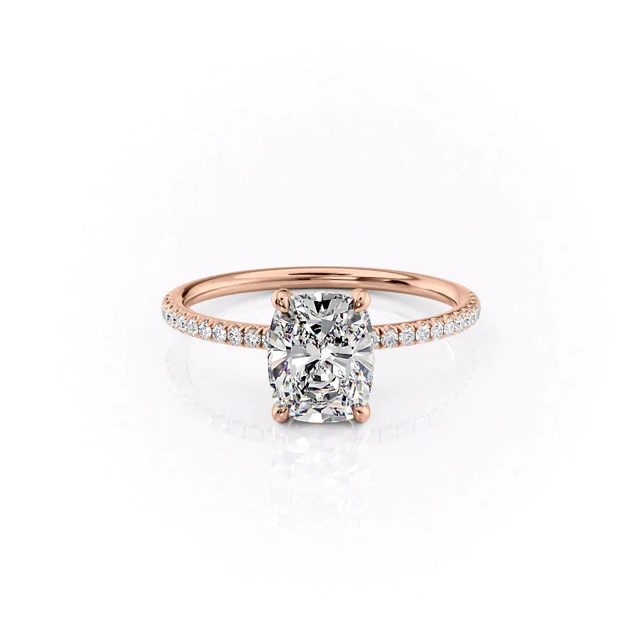 The Pave Crown Kamellie Set  With A 3.5 Carat E. Cushion 14K Rose Gold Moissanite