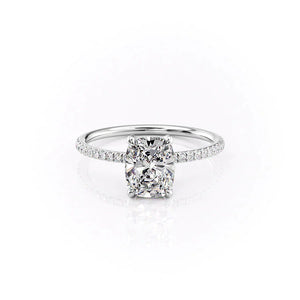 The Pave Crown Kamellie Set  With A 3 Carat E. Cushion 14K White Gold Moissanite