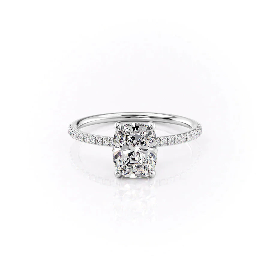 The Pave Crown Kamellie Set  With A 1.5 Carat E. Cushion 18K White Gold Moissanite