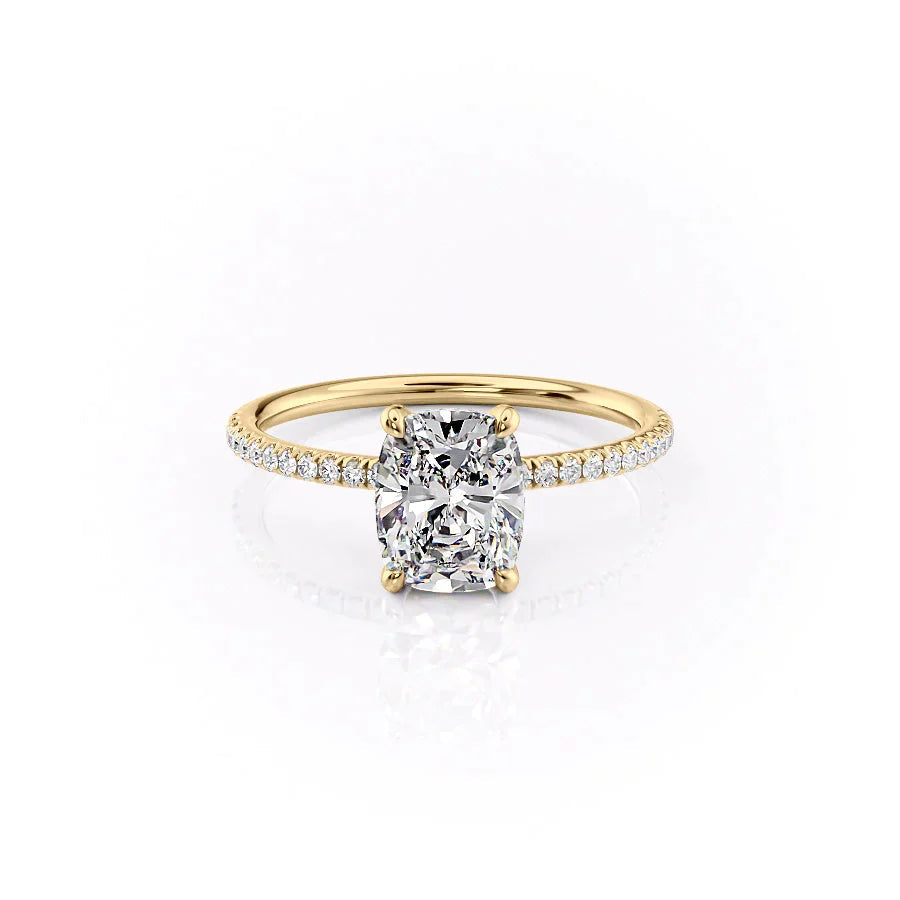 The Pave Crown Kamellie Set  With A 4.5 Carat E. Cushion 14K Yellow Gold Moissanite