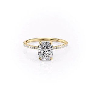 The Pave Crown Kamellie Set  With A 1.5 Carat E. Cushion 14K Yellow Gold Moissanite