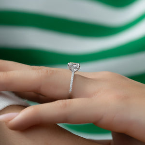 The Pave Crown Kamellie Set With A 3 Carat E. Cushion 14K White Gold Lab Diamond