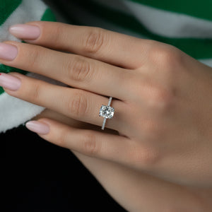 The Pave Crown Kamellie Set  With A 3.5 Carat E. Cushion 14K White Gold Moissanite