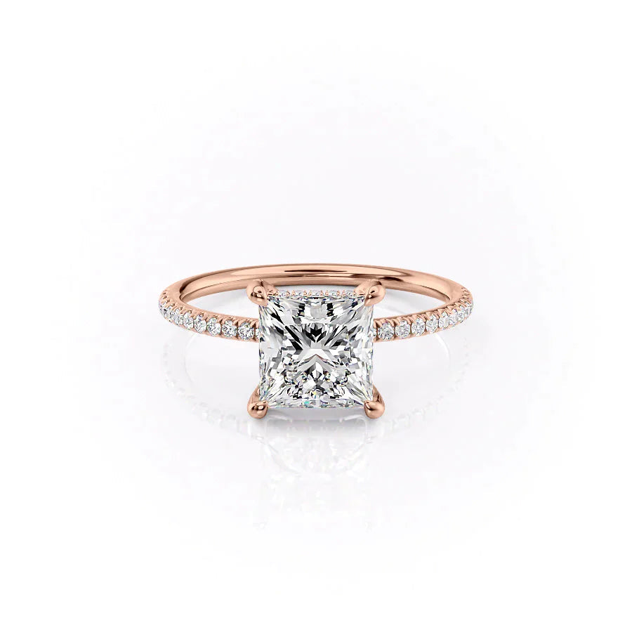 The Pave Crown Kamellie Set  With A 3 Carat Princess 14K Rose Gold Moissanite