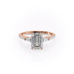 The Pave Liv Set  With A 3 Carat Emerald 14K Rose Gold Moissanite