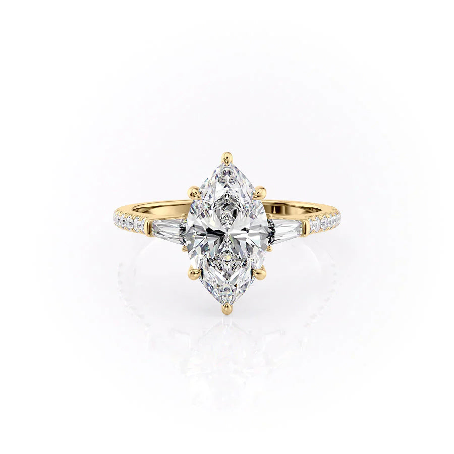 The Liv Set  With A 3 Carat Marquise 14K Yellow Gold Moissanite