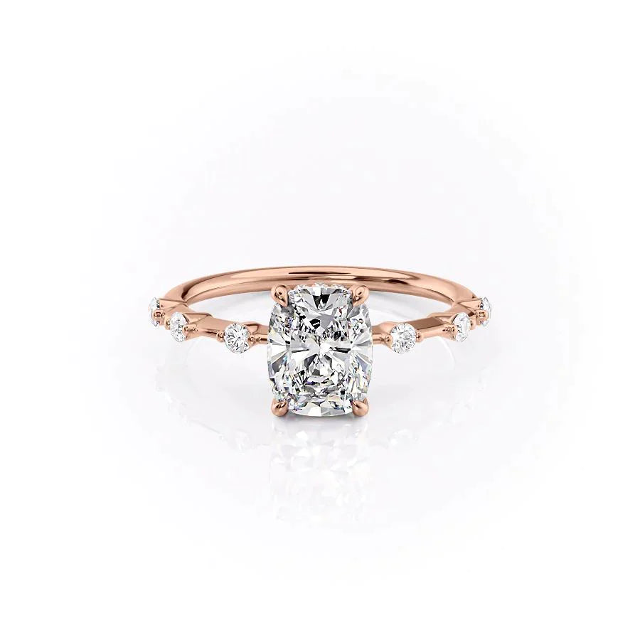 The Penelope Set Hidden Halo  With A 2 Carat E. Cushion 14K Rose Gold Moissanite