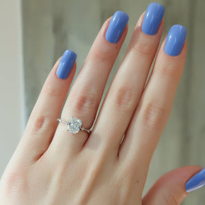 The Penelope Set Hidden Halo  With A 3.5 Carat E. Cushion 18K White Gold Moissanite