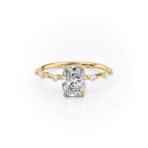 The Penelope Set Hidden Halo  With A 2.5 Carat E. Cushion 18K Yellow Gold Moissanite