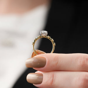 The Penelope Set Hidden Halo  With A 4 Carat E. Cushion 18K Yellow Gold Moissanite