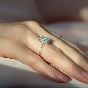The Penelope Set Hidden Halo  With A 5 Carat Emerald 14K White Gold Moissanite