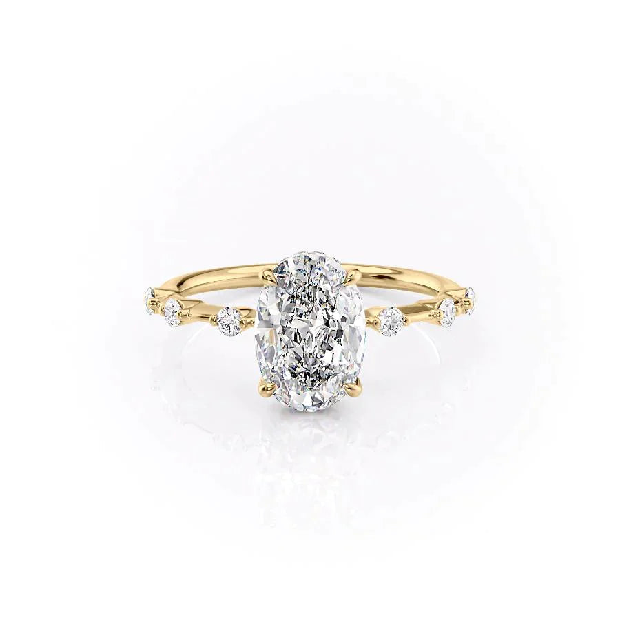 The Penelope Set Hidden Halo  With A 2.5 Carat Oval 18K Yellow Gold Moissanite