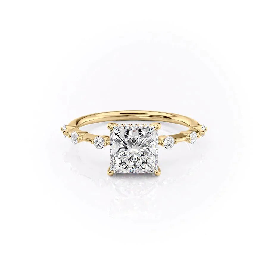 The Penelope Set Hidden Halo  With A 3 Carat Princess 18K Yellow Gold Moissanite