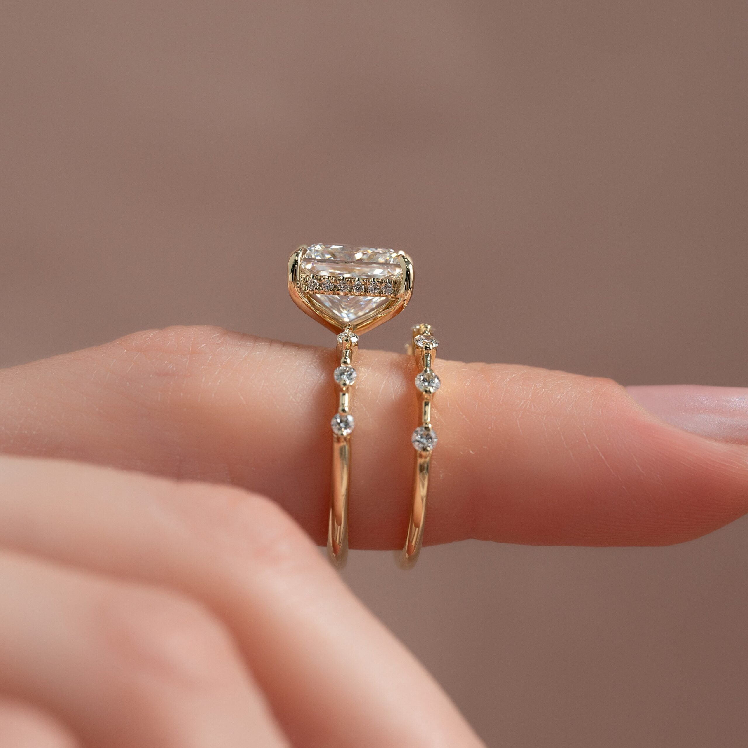 The Penelope Set Hidden Halo  With A 3 Carat Princess 18K Yellow Gold Moissanite