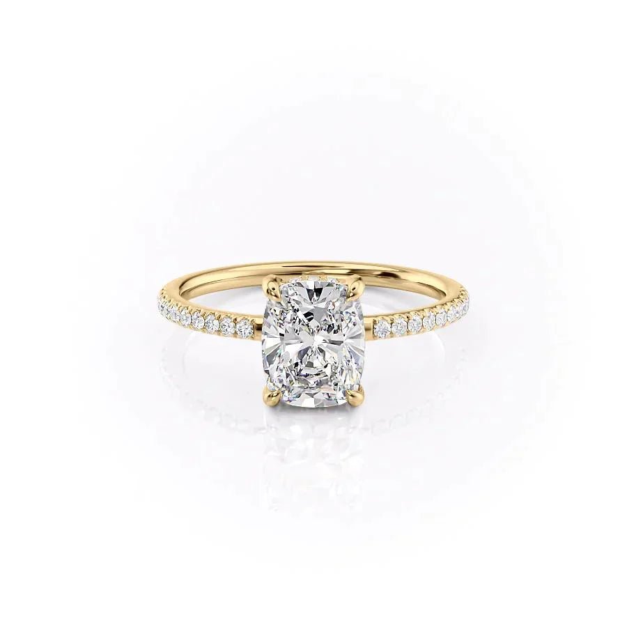 The Mandy Set  With A 4 Carat E. Cushion 14K Yellow Gold Moissanite