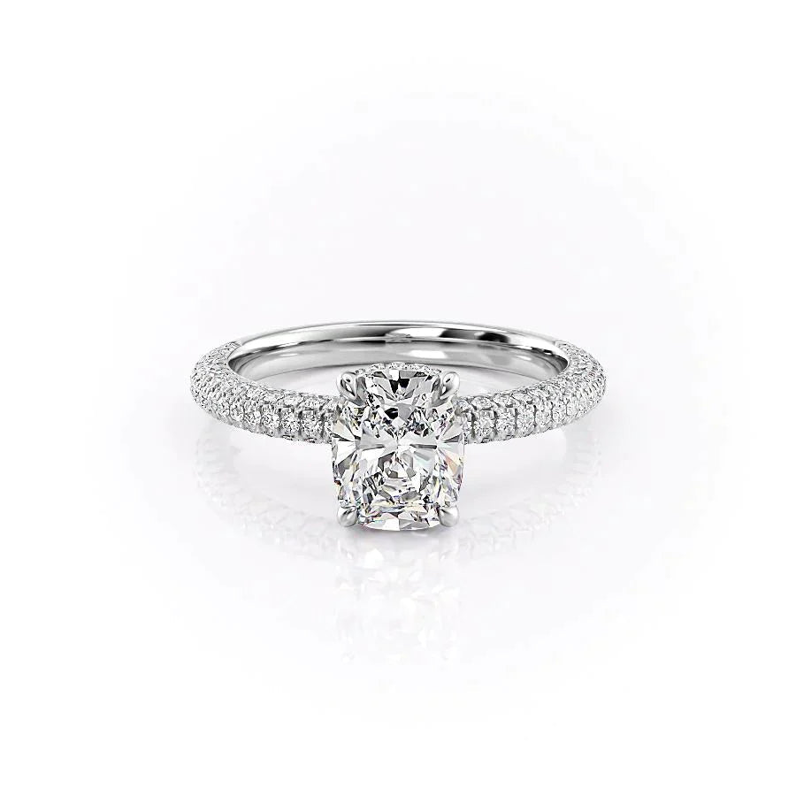 The Celine Set With A 1.5 Carat E. Cushion 18K White Gold Lab Diamond