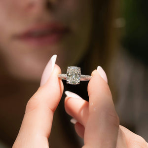 The Celine Set With A 1.5 Carat E. Cushion 18K White Gold Lab Diamond