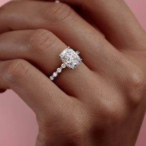 The Khloe Set  With A 2.5 Carat E. Cushion 14K White Gold Moissanite