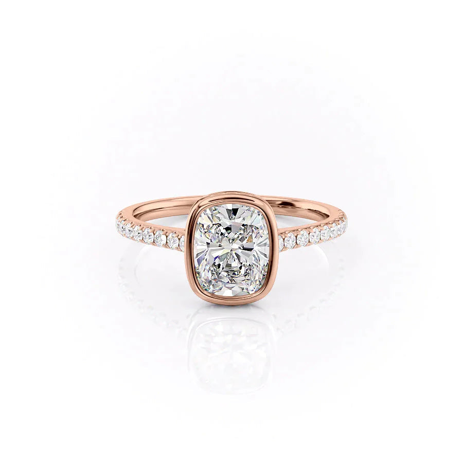 The Pave Charlotte Set  With A 4.5 Carat E. Cushion 14K Rose Gold Moissanite
