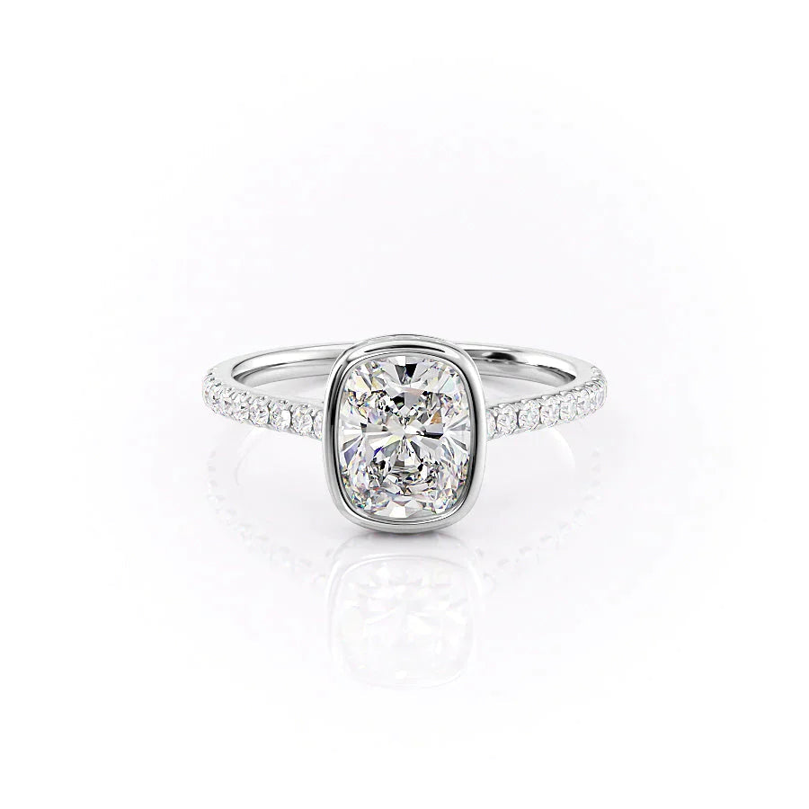 The Pave Charlotte Set With A 3 Carat E. Cushion 18K White Gold Lab Diamond