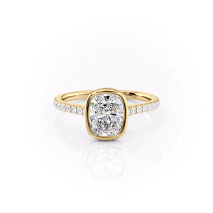 The Pave Charlotte Set  With A 5 Carat E. Cushion 14K Yellow Gold Moissanite