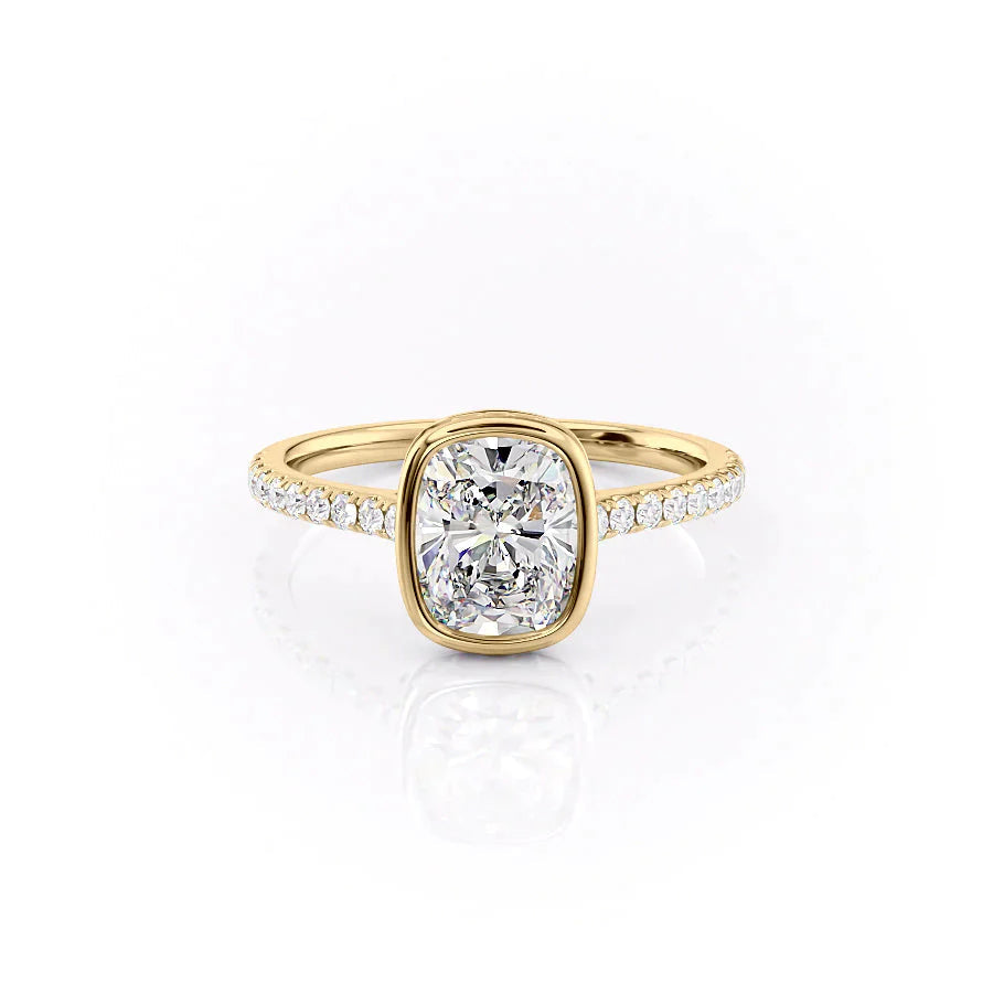 The Pave Charlotte Set  With A 4 Carat E. Cushion 18K Yellow Gold Moissanite