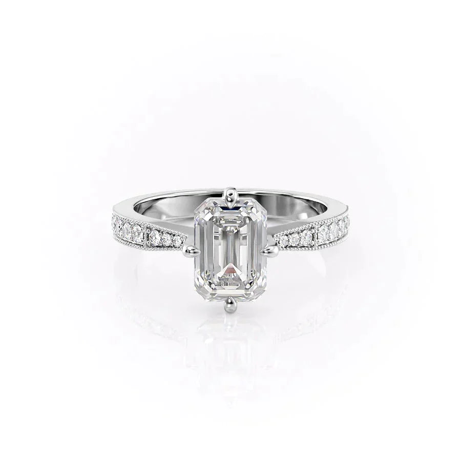 The Rebecca Set  With A 3.5 Carat Emerald 18K White Gold Moissanite