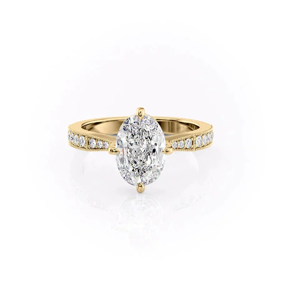 The Rebecca Set  With A 5 Carat Oval 18K Yellow Gold Moissanite
