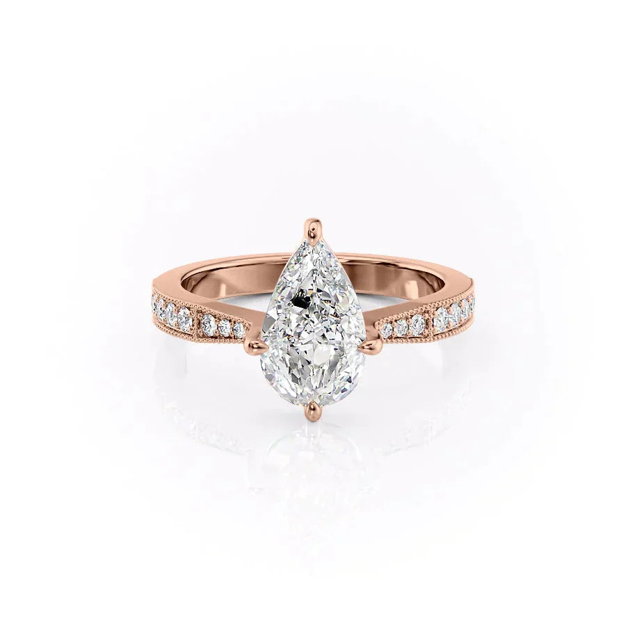 The Rebecca Set  With A 2.5 Carat Pear 14K Rose Gold Moissanite
