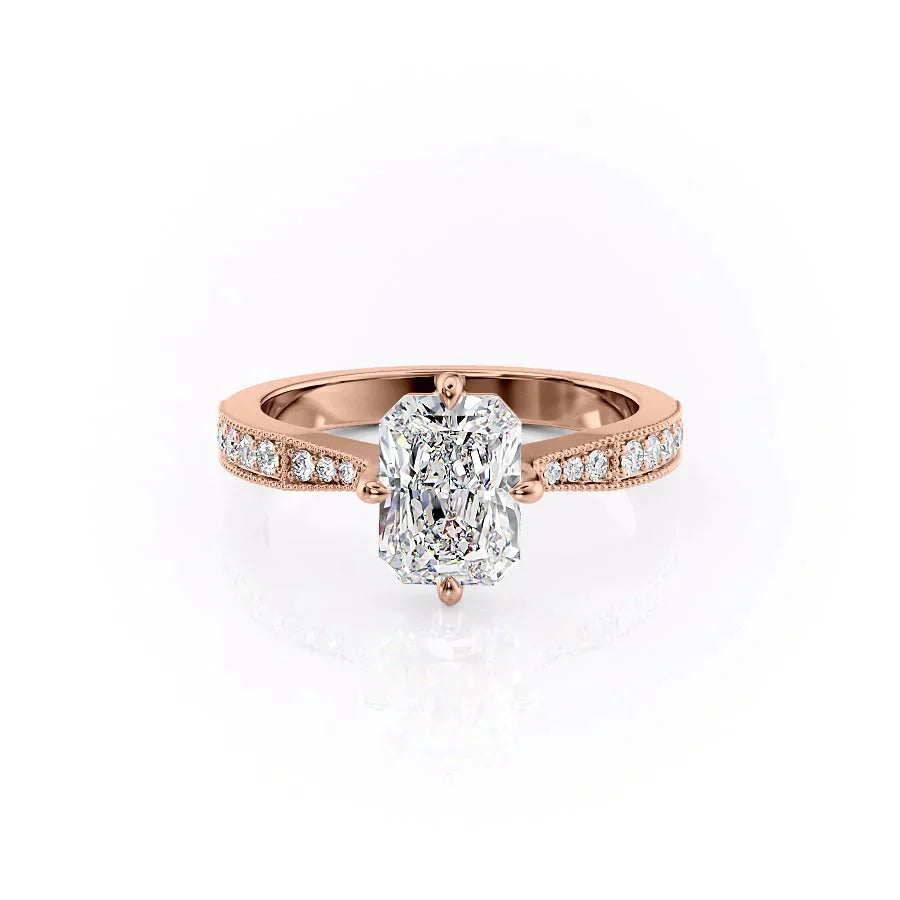 The Rebecca Set With A 1.5 Carat Radiant 14K Rose Gold Lab Diamond